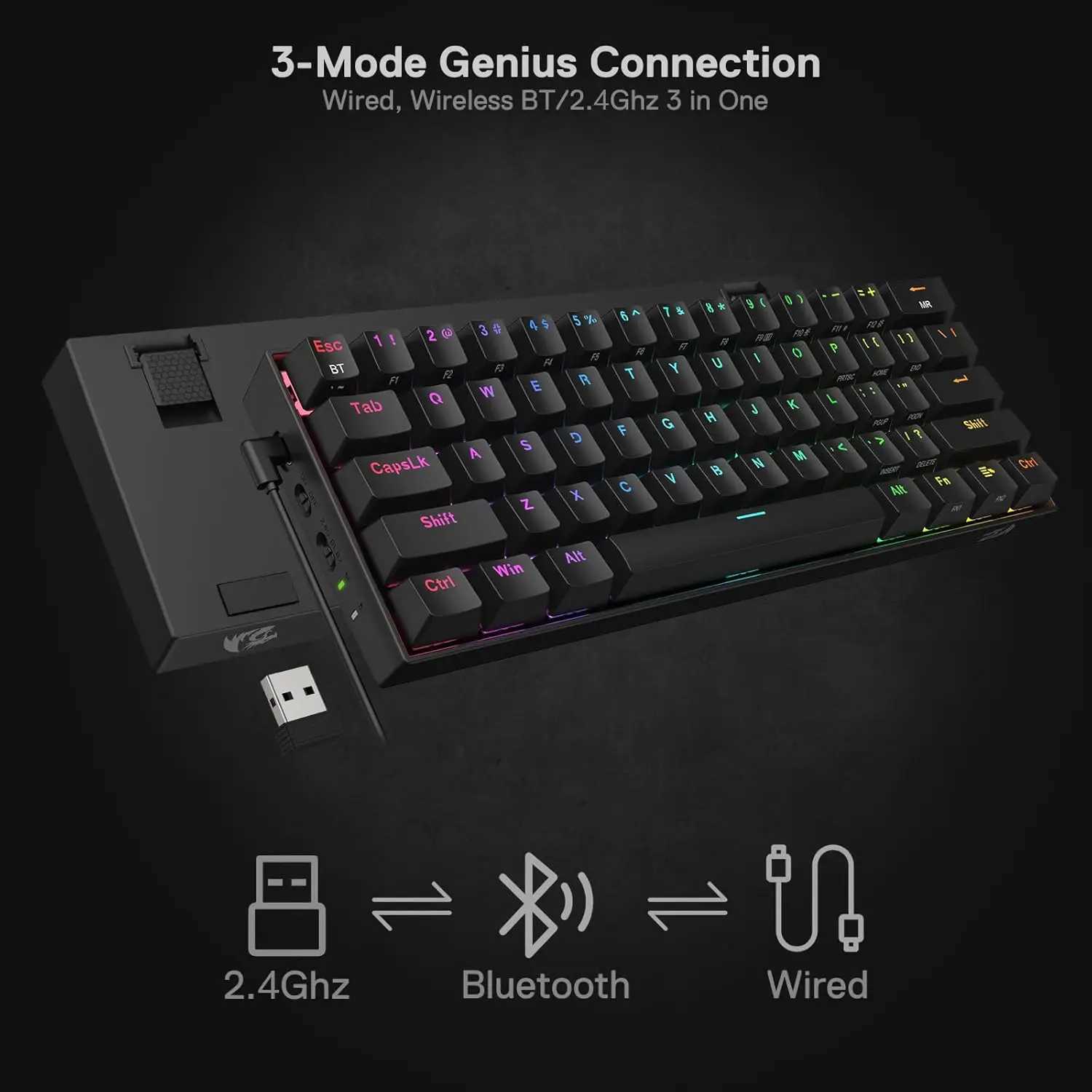 Keyboards Redragon K530 Pro Draconic 60% Wireless RGB 3-Mode 61 Keys Gaming Hot-Swap Mechanical Keyboard y240910
