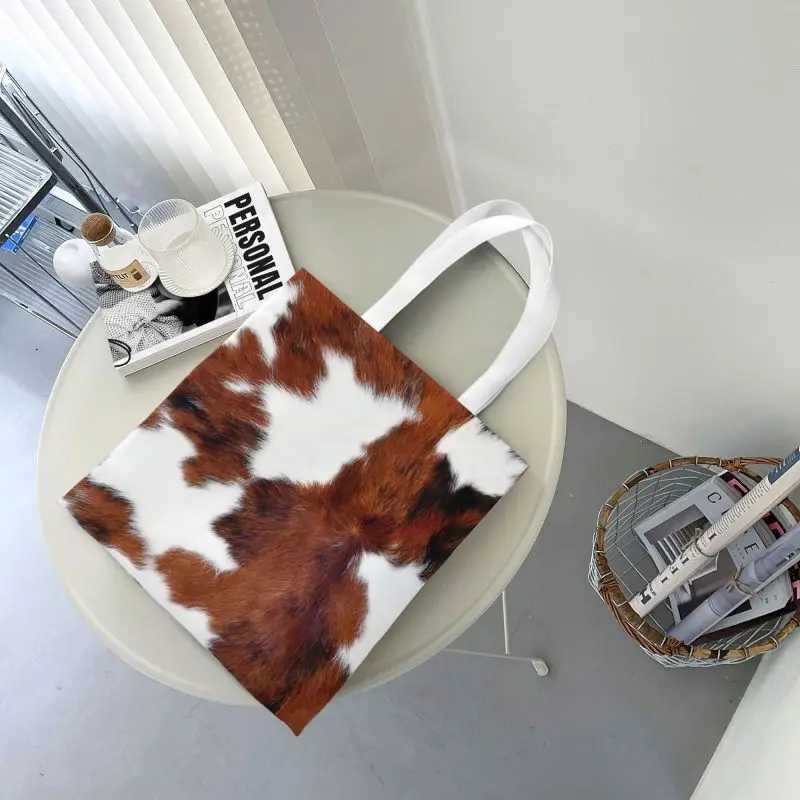 Spotted Brown Farm Animal Skin Grocery Tote Shopping Bags Cow Fur Cowhide Texture Printing Canvas Shoulder Shopper Bag Handbags Z240910