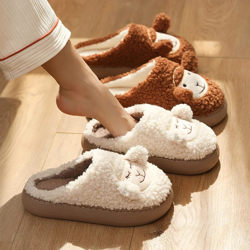 Women Warm Fluffy Slippers Thick Sole Home Lover Winter Shoes Cute Cartoon Ear Soft Plush Platform Female Male Indoor Slipper 240910