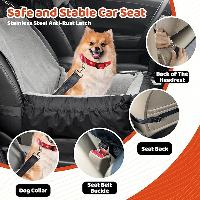 Pet Car Seat with Storage Pockets and Clip-On Safety Leash, Washable Coral Fleece Dog Booster Seat for Small Medium Dogs, Small Dog for Travel Dog Car