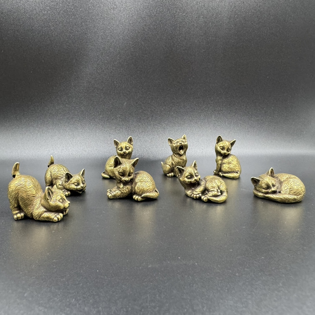 8 styles Brass Cute Cat figurines Miniature tabletop ornaments Classical small animal home decoration accessories