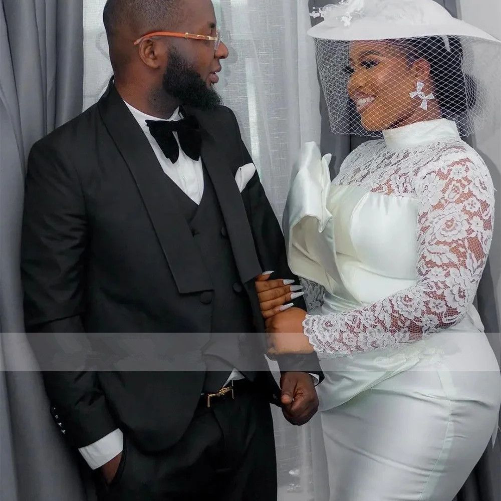 Short Wedding Dresses for Women Bride Lace Long Sleeves Short Gowns High Collar Knee Length Sheath Bridal Dress