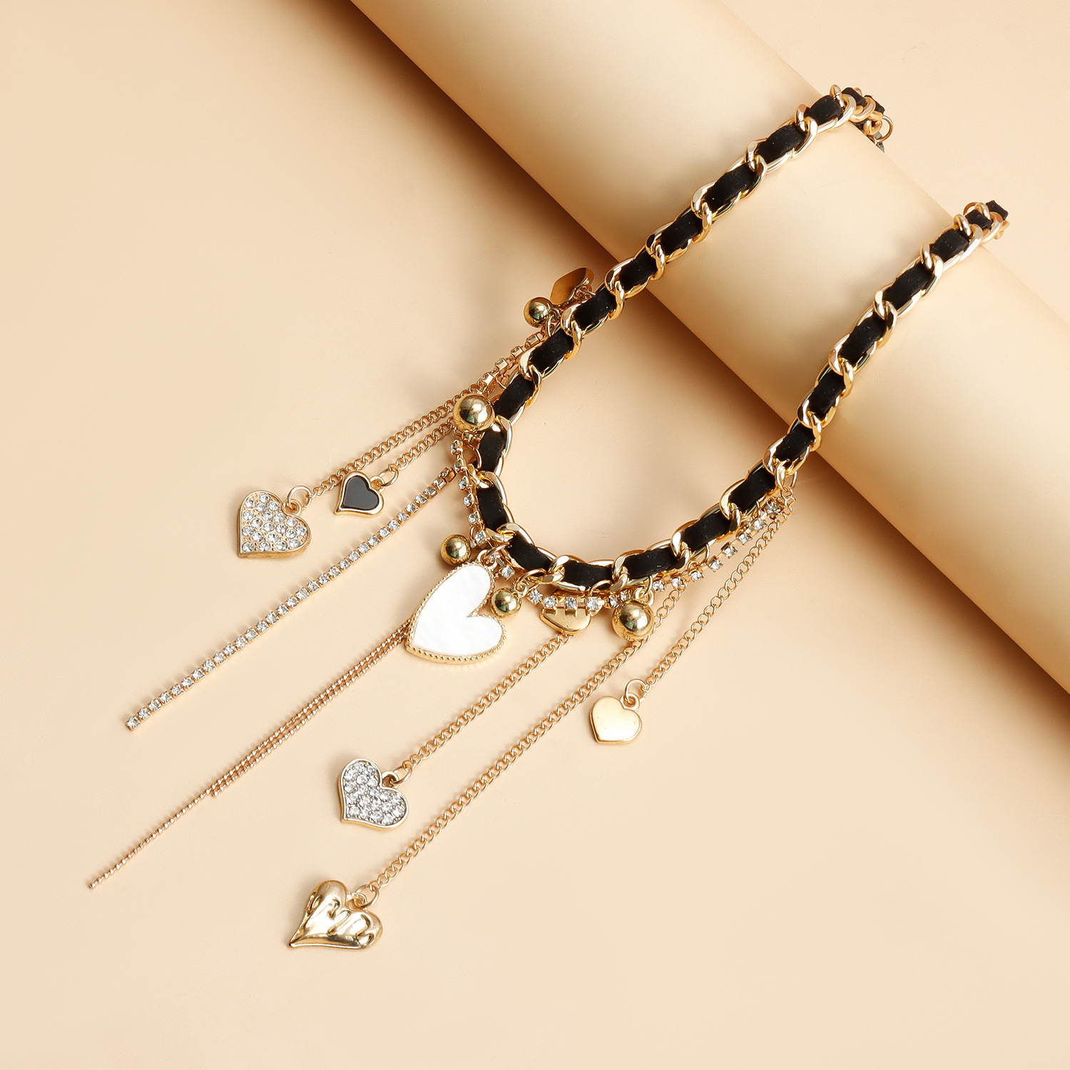 Fashion Trend Bead Tassel Heart Pendants Choker Necklace For Women Gold Plated Zinc Alloy Layered Chain Crystal Luxury Party Birthday Gifts Jewelry