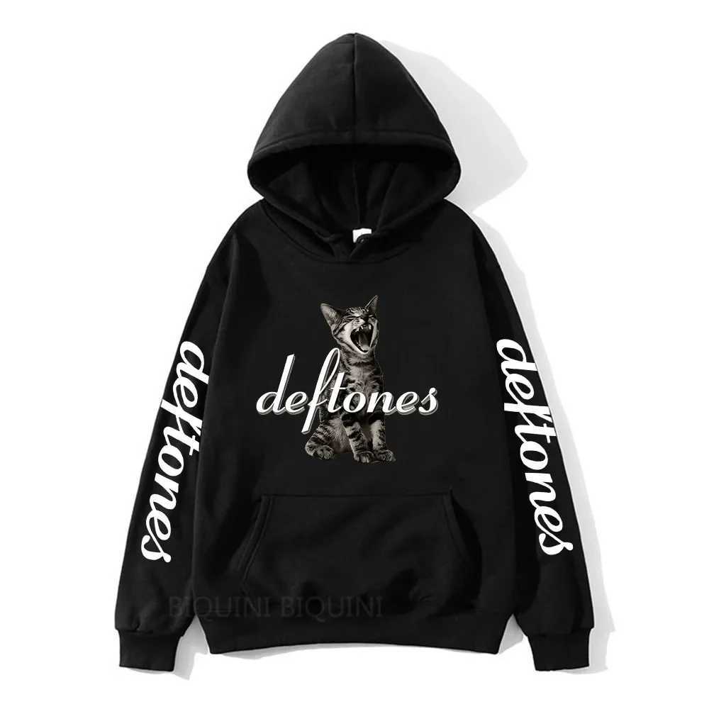 Hot Sale Deftones Cat Black Graphic Print Hoodie Men Women Rap Metal Band Brand Sweatshirt Tops Man Winter Fleece Hoodies Casual M240909