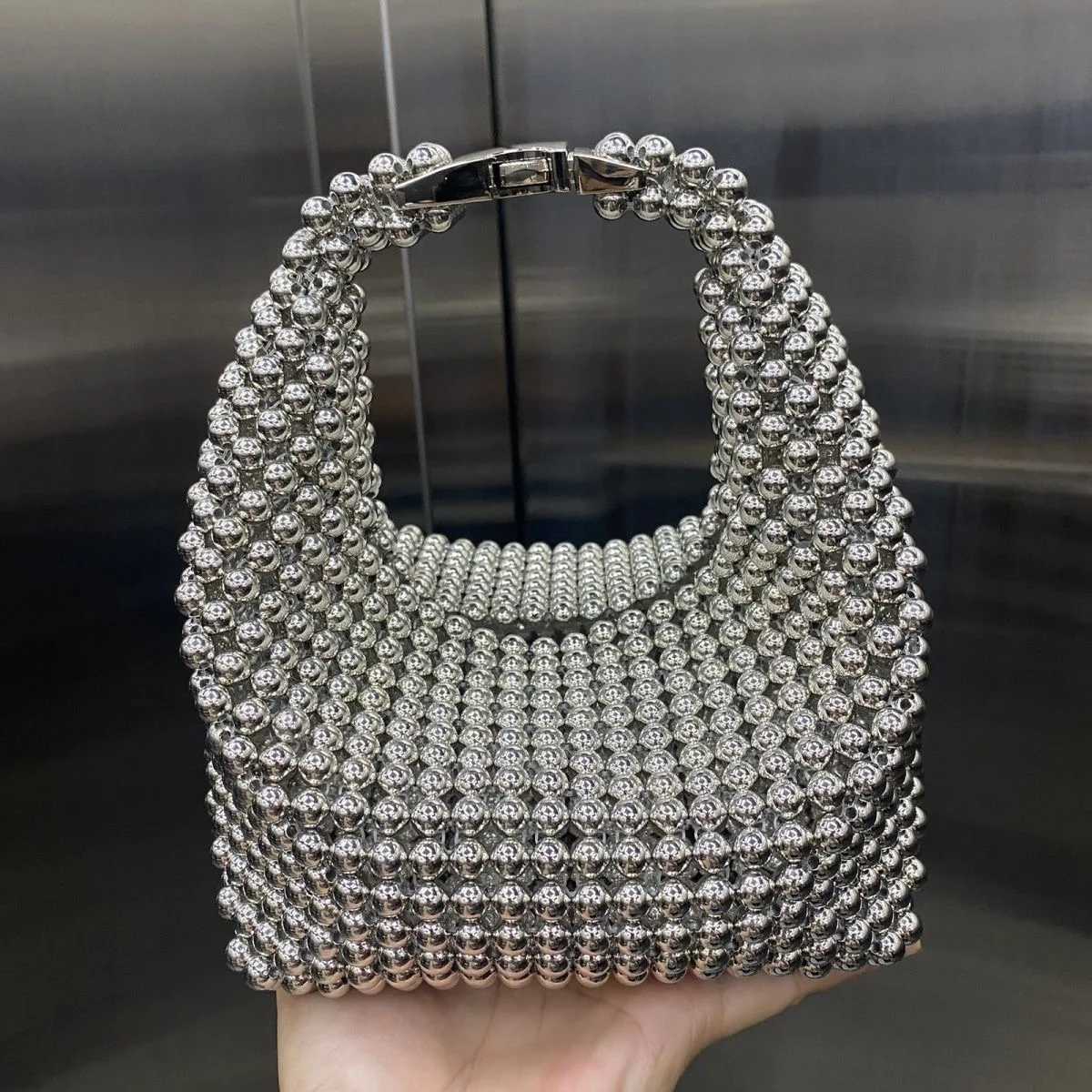 CMM New Silver Beaded Handbags for Women Fashion Trendy Portable Purse Party Beading Shoulder Tote Bags 240910
