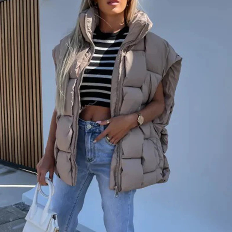Fashionable Womens Zipper Stand Up Collar Padded Jacket Fashionable Warm Cotton Autumn Solid Sleeveless Vest 240910