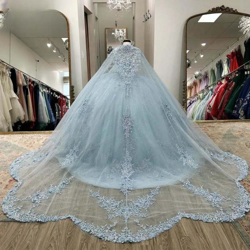 Light Blue Shiny Sweetheart Beading Ball Gown Quinceanera Dresses With Cape Appliques Lace Tull Sweet 16 Dress Vestido De 15 Anos