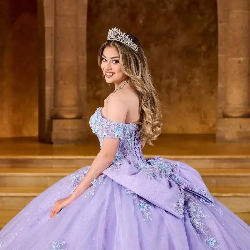 Lavender Shiny Quinceanera Dresses Sweet 16 Dress Lace Applique Beads Tull Off Shoulder Lace-up Prom Ball Gowns Vestido De 15 Anos