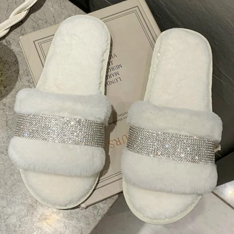 Winter Rhie Women Warm Fur Slippers Cozy Fluffy Furry Slides Crystal Flat Indoor Design Home Shoes Ladies 43