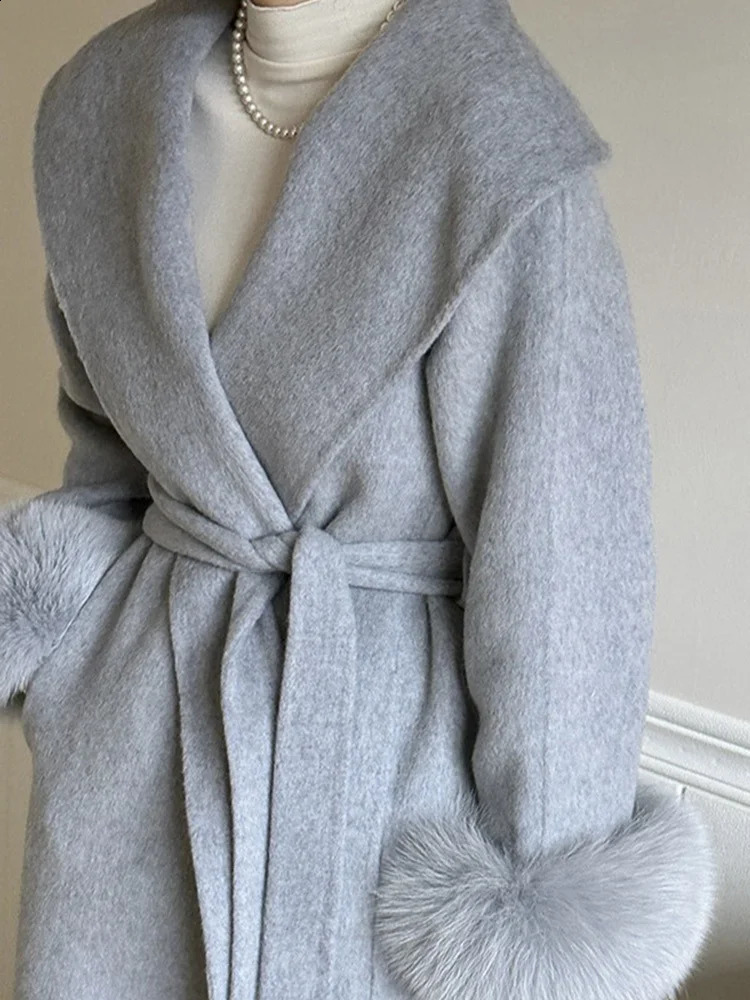 Lanmrem Fox Fur High end Wool Coat Womens Big Collar Double sided Belt Coat Womens Clothing Winter 2DA2595 240909