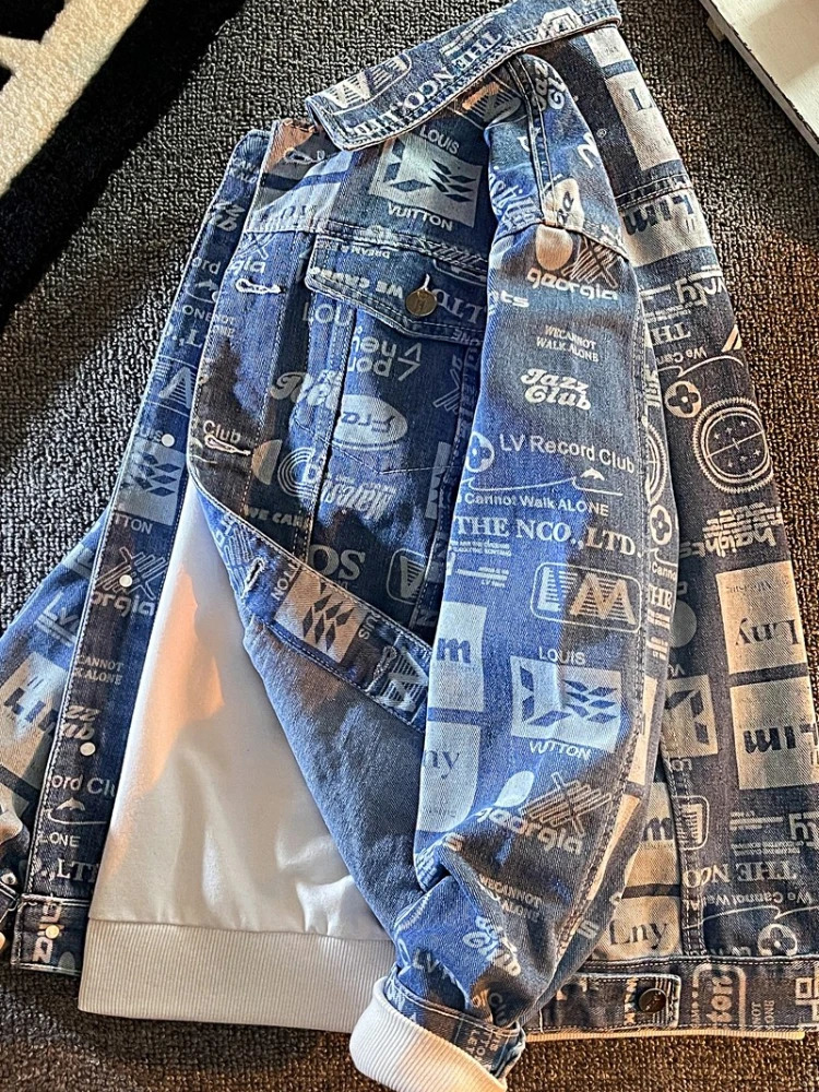 Mafokuwz Printing Mens Denim Jacket Spring and Autumn Fashion Youth Handsome Korean Street Denim Jacket 240906
