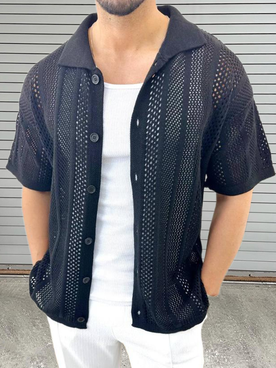 Vintage Knitted Hollow Out Shirts Men Fashion Button Lapel Short Sleeve Knit Shirt Summer Mens Knitwear Casual Solid Color Tops R240910