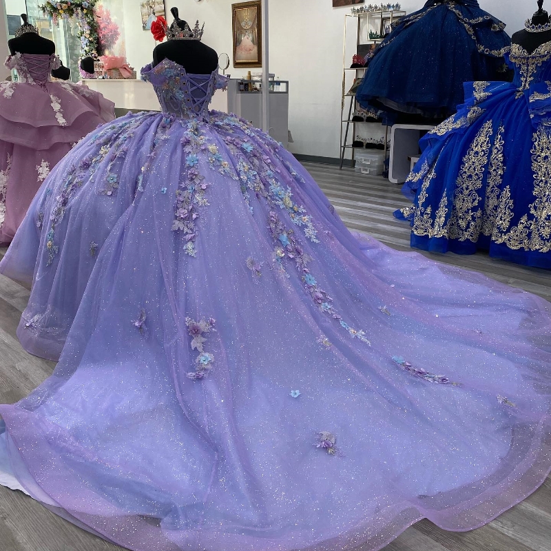Lavender Princess Quinceanera Dresses Off the Shoulder Ball Gown Sweet 16 Dress Appliques Lace Tull Birthday Party Vestidos 15 De