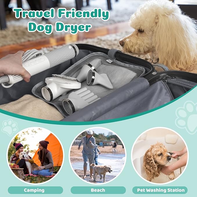 Dog Hair Dryer, 5 in 1 Portable Handheld Dog Dryer with Smart Temperature Adjustment, Dog Blow Dryer with Grooming Brush for Home, Pet Washing Station