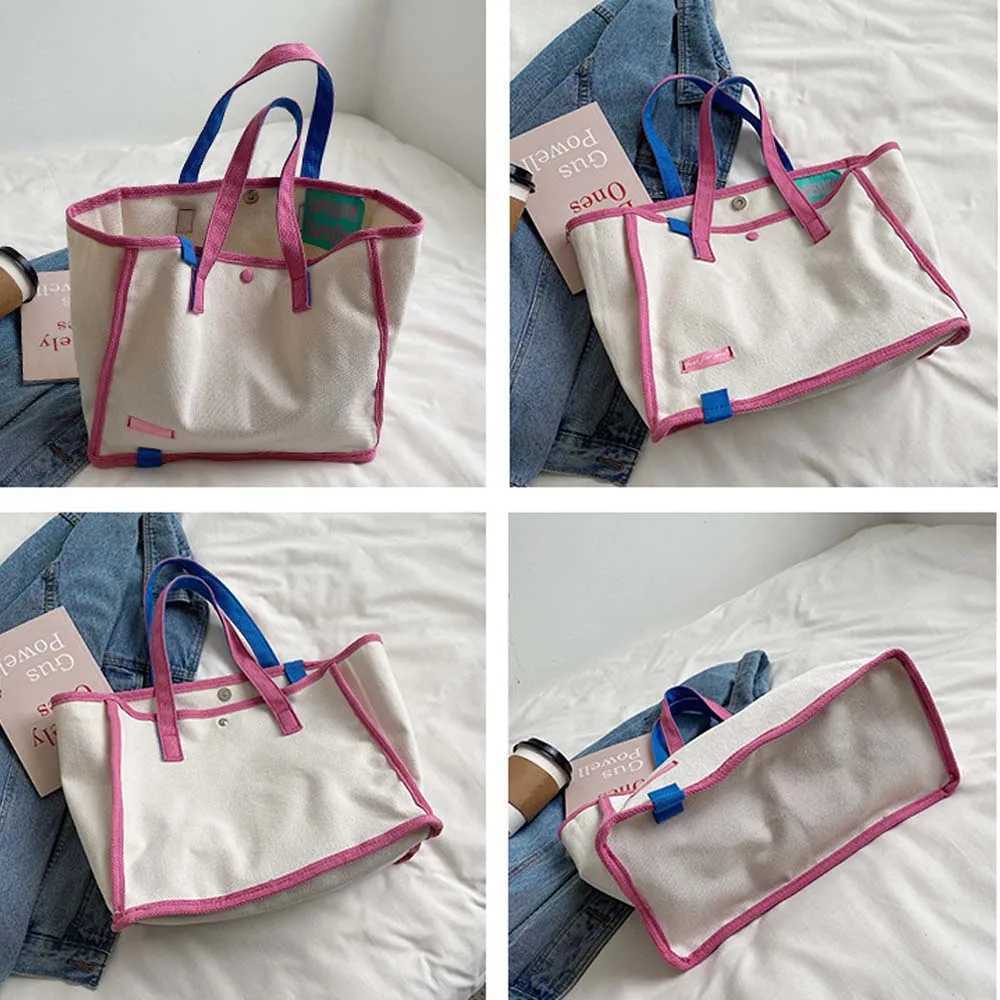 Vegan Canvas Tote Bags Women Fashion Versatile Hasp Contrast Handbags Ladies Simple Casual Large Capacity Shopping Shoulder Bag Z240910