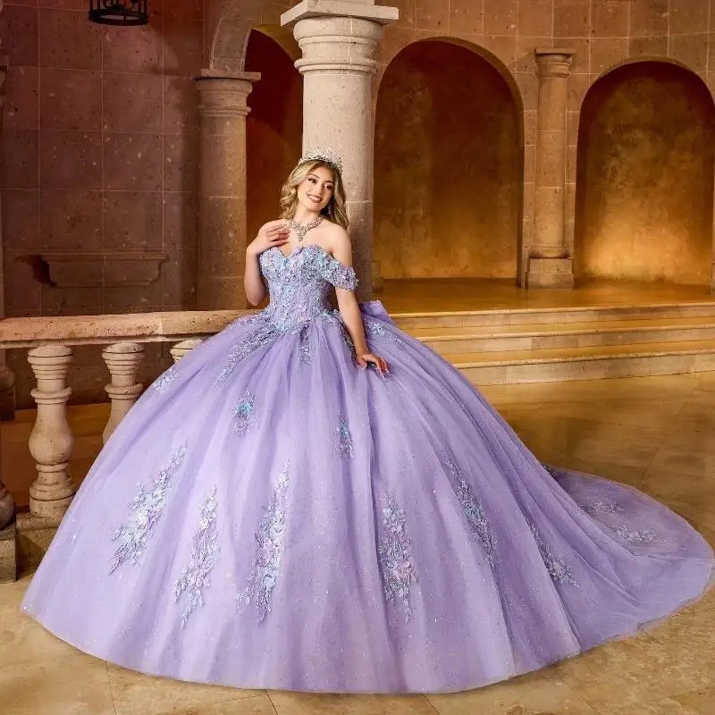 Lavender Shiny Quinceanera Dresses Sweet 16 Dress Lace Applique Beads Tull Off Shoulder Lace-up Prom Ball Gowns Vestido De 15 Anos