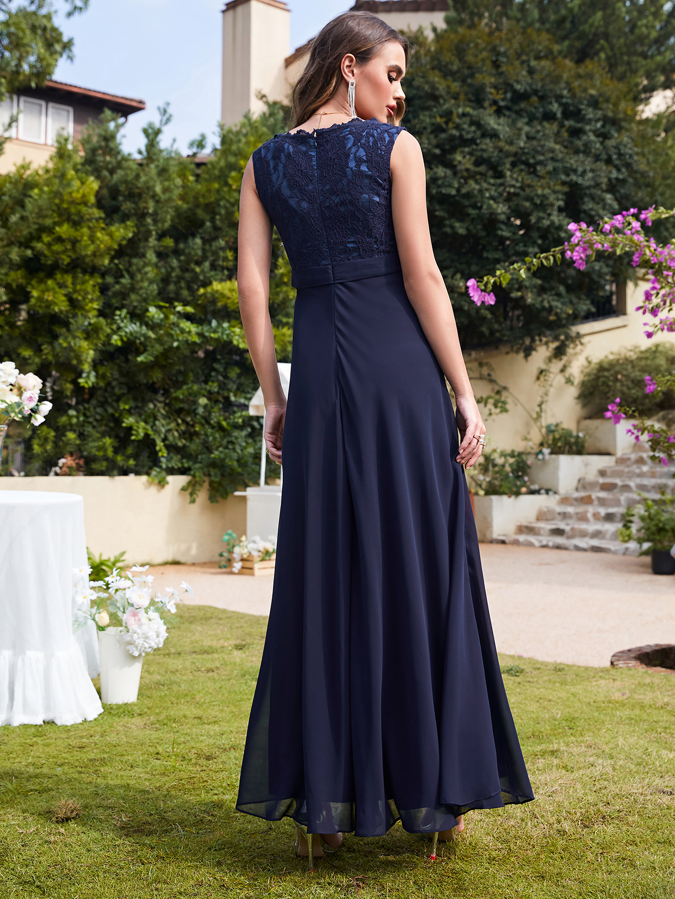 Elegnat Bury Dark Navy Evening Dresses Formal A E Sleeveless Lace Chiffon Women Prom Party Gowns Summer Bride Engagement Dress Cps724