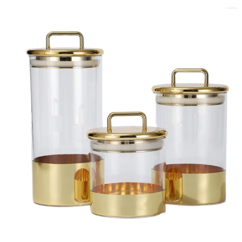 Storage Bottles Grains Moisture-proof Box Transparent Glass Dry Goods Jar Gold Cover Kitchen Household Sealed