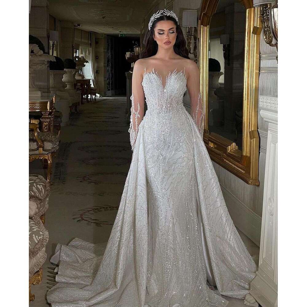 Fashion Mermaid Wedding Dresses With Detachable Train Sequine Beading Bridal Gowns Custom Made Robes De