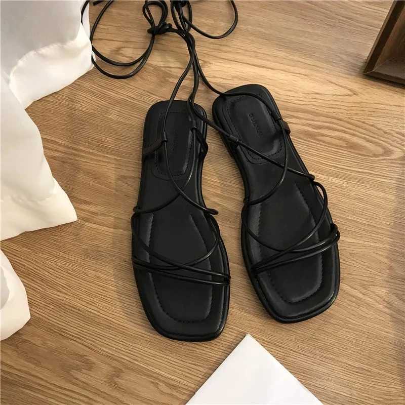 Sandals Womens Summer New 2024 Beach Fi Sexy Flat Casual Cross Tie Open Toe Fairy Style Narrow Band Shoes Black Roman SandalsXJ250410