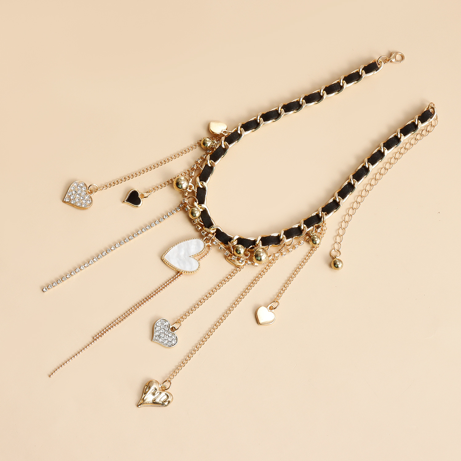 Fashion Trend Bead Tassel Heart Pendants Choker Necklace For Women Gold Plated Zinc Alloy Layered Chain Crystal Luxury Party Birthday Gifts Jewelry