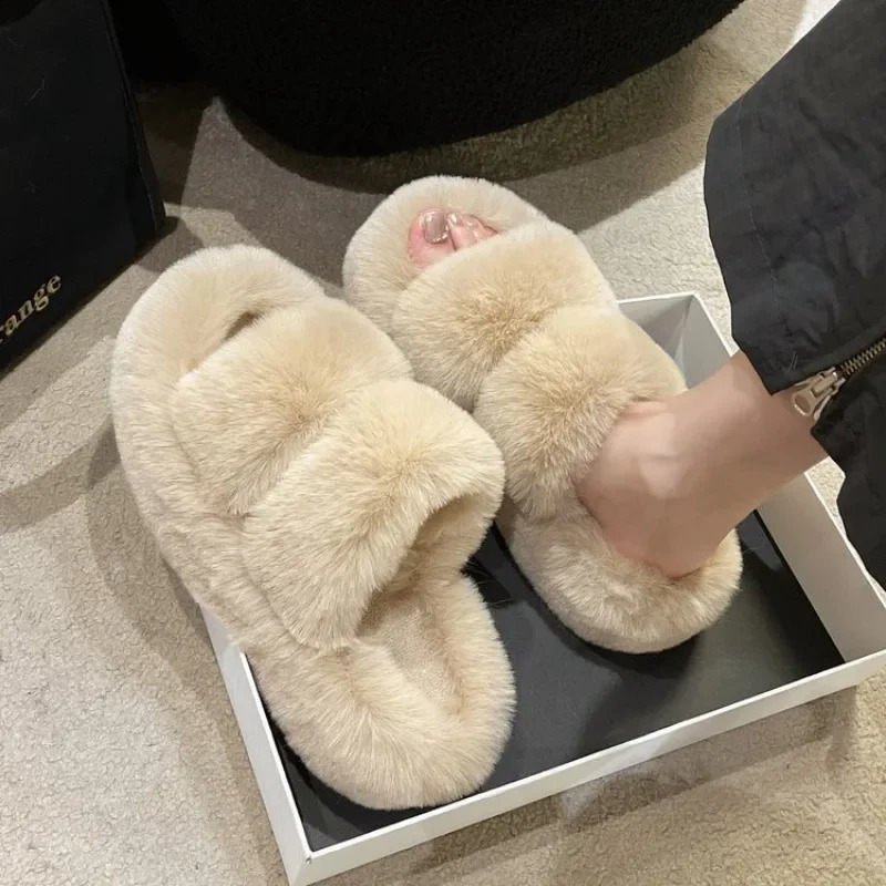 Women Thicken Plush Fur Slippers Winter Slip on Chunky Platform Loafers Mules Woman Thick Bottom Cotton Slippers Flip Flops 240910