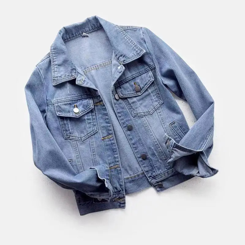 2024 Spring Autumn New Denim Jacket Women's Cropped Versatile Slimming Long Sleeve Solid Color Student Top Sihouette Smoothers