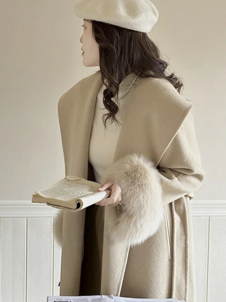 Lanmrem Fox Fur High end Wool Coat Womens Big Collar Double sided Belt Coat Womens Clothing Winter 2DA2595 240909