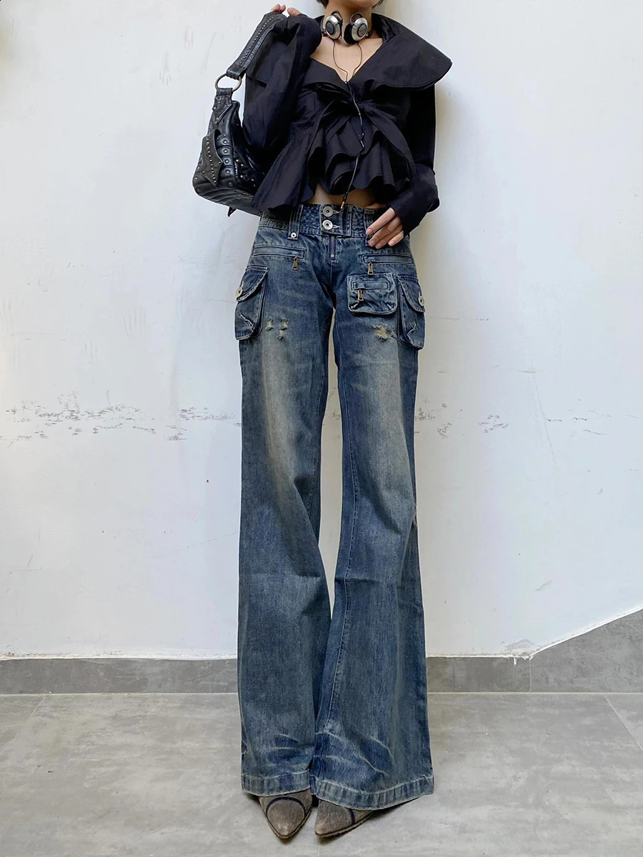 REDDACHiC Grayu Y2k Women Wide Leg Cargo Jeans Multi-pocket Flare Low Waist Distressed Ripped Bootcut Pants Vintage Streetwear 240906