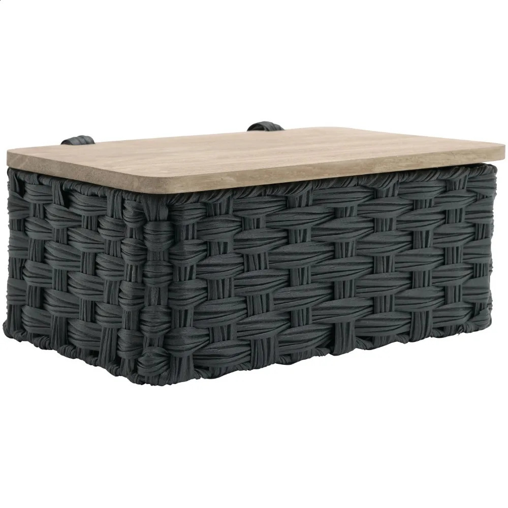 The black resin basket and natural wooden lid basket with woven n are easy to place just as clean as the Paulinian wooden lid is needed 240903