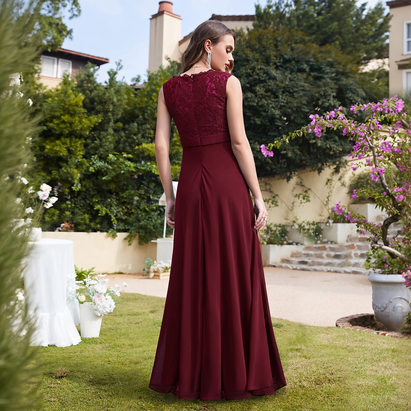 Elegnat Bury Dark Navy Evening Dresses Formal A E Sleeveless Lace Chiffon Women Prom Party Gowns Summer Bride Engagement Dress Cps724