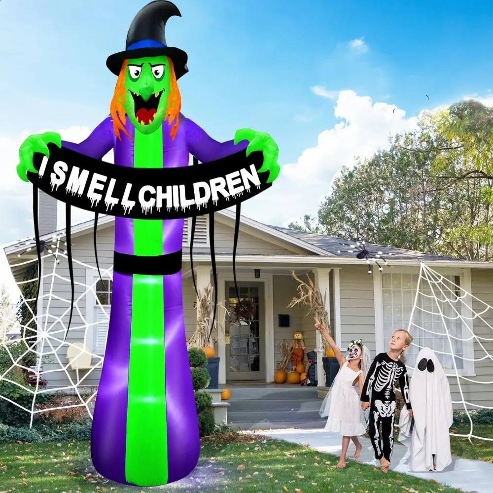 8-Foot Giant Halloween Inflatable Witch Outdoor Decoration Terrifying Witch Holding Me Smelling Childrens Banner LED Lights Blowing Up 240909