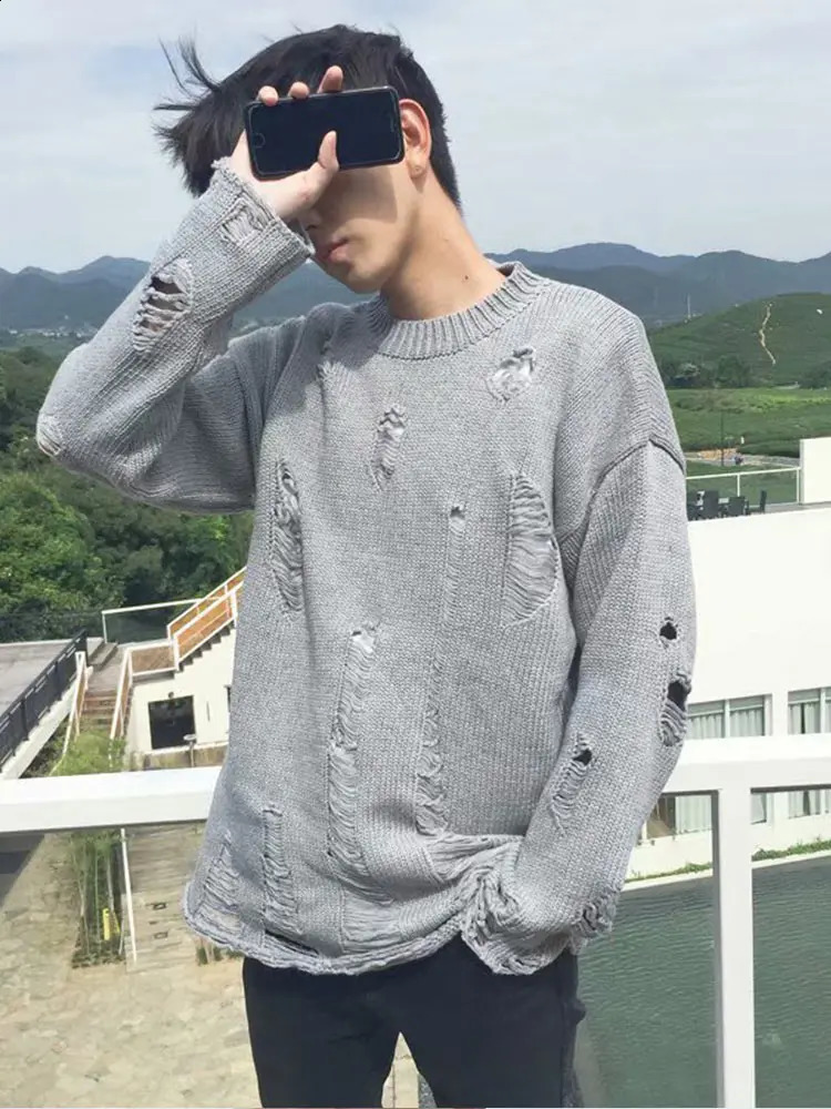 Spring and Autumn Mens Knitted Sweater with Large Tear Hole Irregular Fashionable Retro Long Sleeve Round Neck Loose Pulling 240907