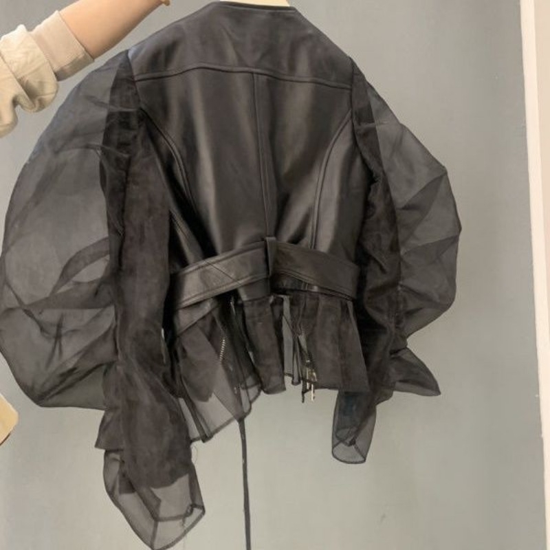 Short jacket womens Organza bubble sleeves ruffled fashionable leather jacket streetwear retro Y2k black artificial autumn 240909