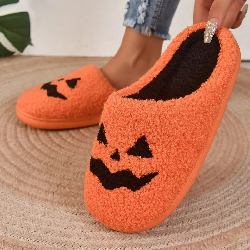 Cotton Fluffy Slippers Home Cartoon Pumpkin Platform Plush Slides Couple Funny Halloween Slipper Casual Shoes Women 240910