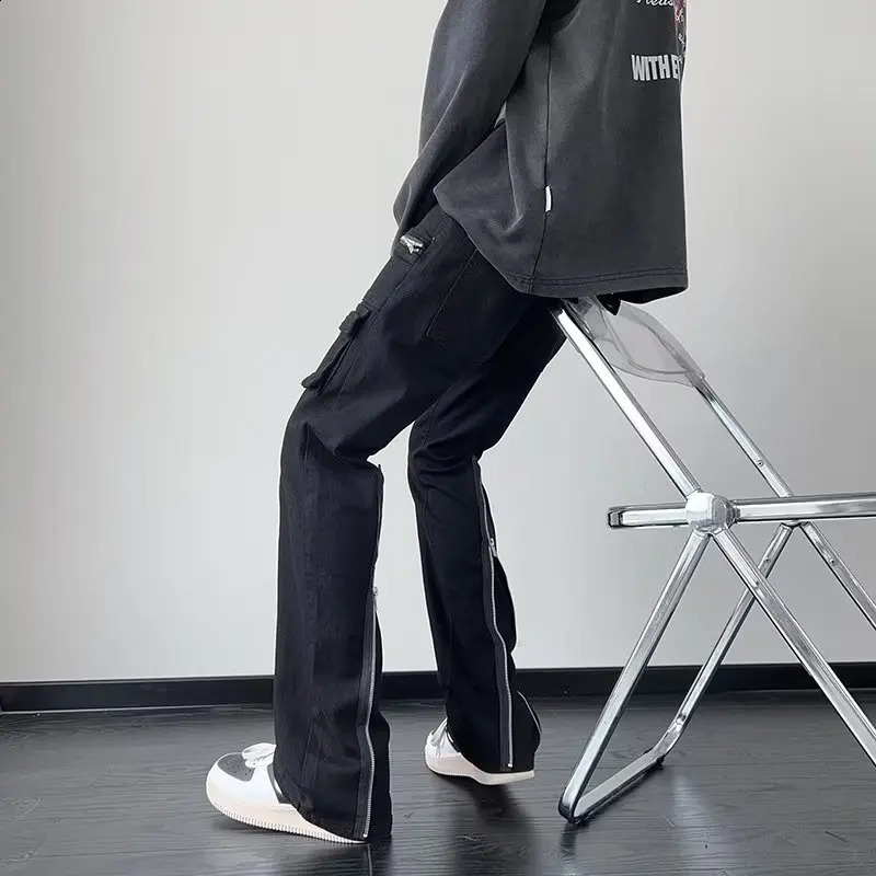 Y2K fashion zipper black flange jeans mens cargo pants er clothing straight solid casual pants Ropa Hombre 240902