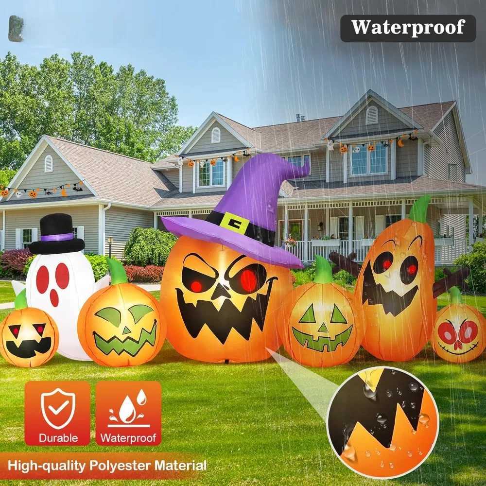8-foot long Halloween inflatable outdoor decoration haunted inflatable pumpkin with witch hat and ghost combination blowing courtyardX240910