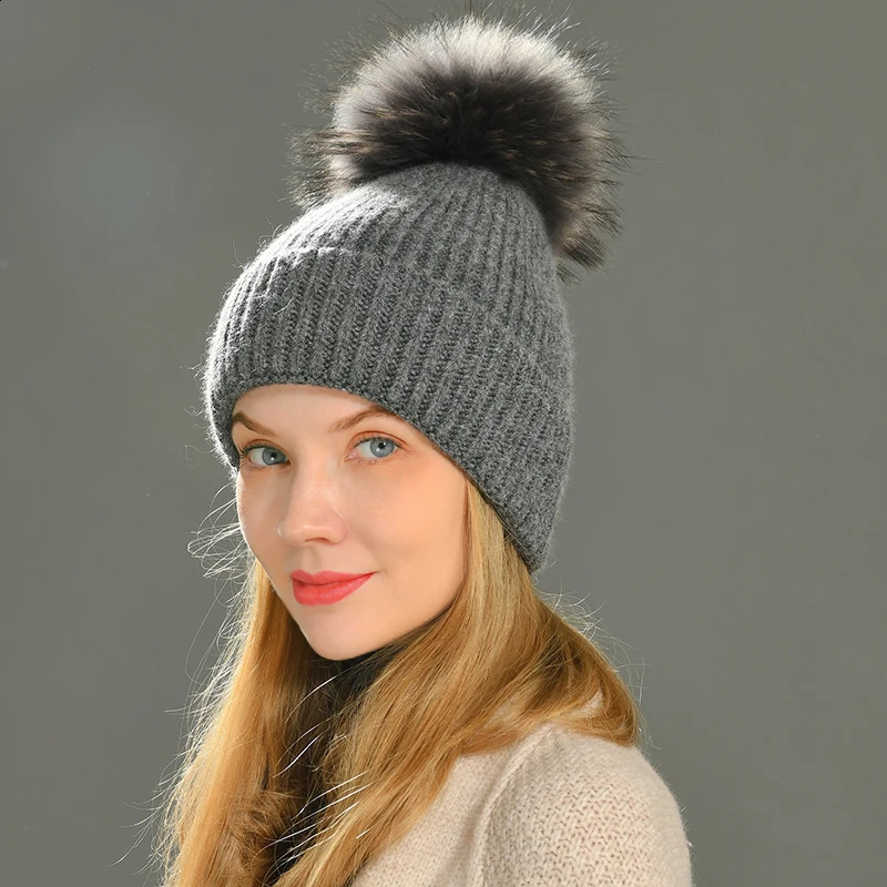 Jxwatcher Winter Hat Cashmere Knitted Beanie Big Real Fur Pom Beanie High Quality Girls Women Bonnet Winter Hats for Women 240910