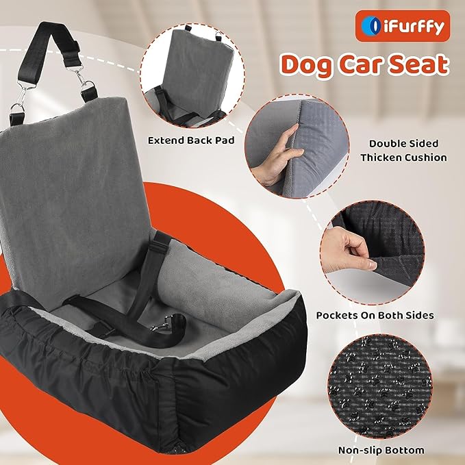 Pet Car Seat with Storage Pockets and Clip-On Safety Leash, Washable Coral Fleece Dog Booster Seat for Small Medium Dogs, Small Dog for Travel Dog Car