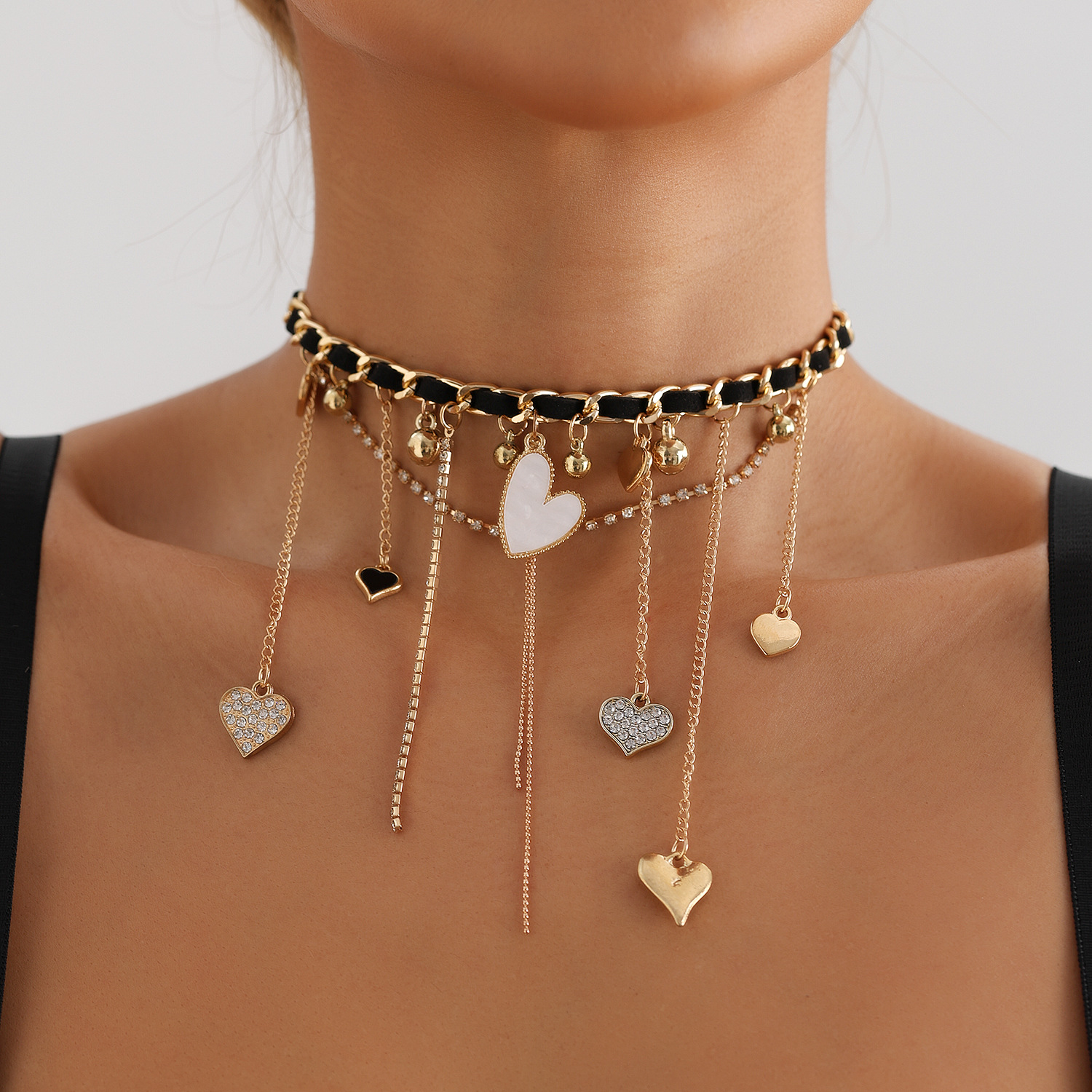 Fashion Trend Bead Tassel Heart Pendants Choker Necklace For Women Gold Plated Zinc Alloy Layered Chain Crystal Luxury Party Birthday Gifts Jewelry