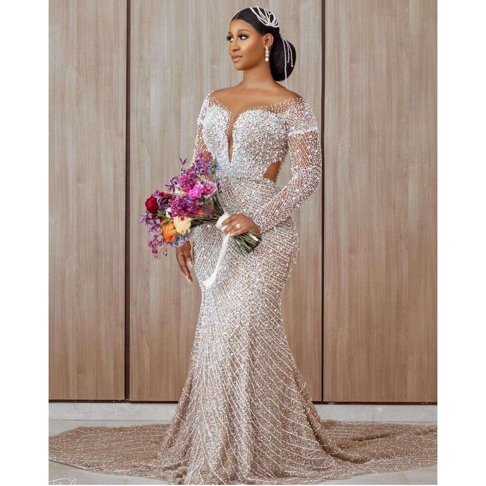 Beaded Wedding Dresses Mermaid Shape Sleeves With Long Train Champagne Aso Ebi Custom Made Bridal Gown