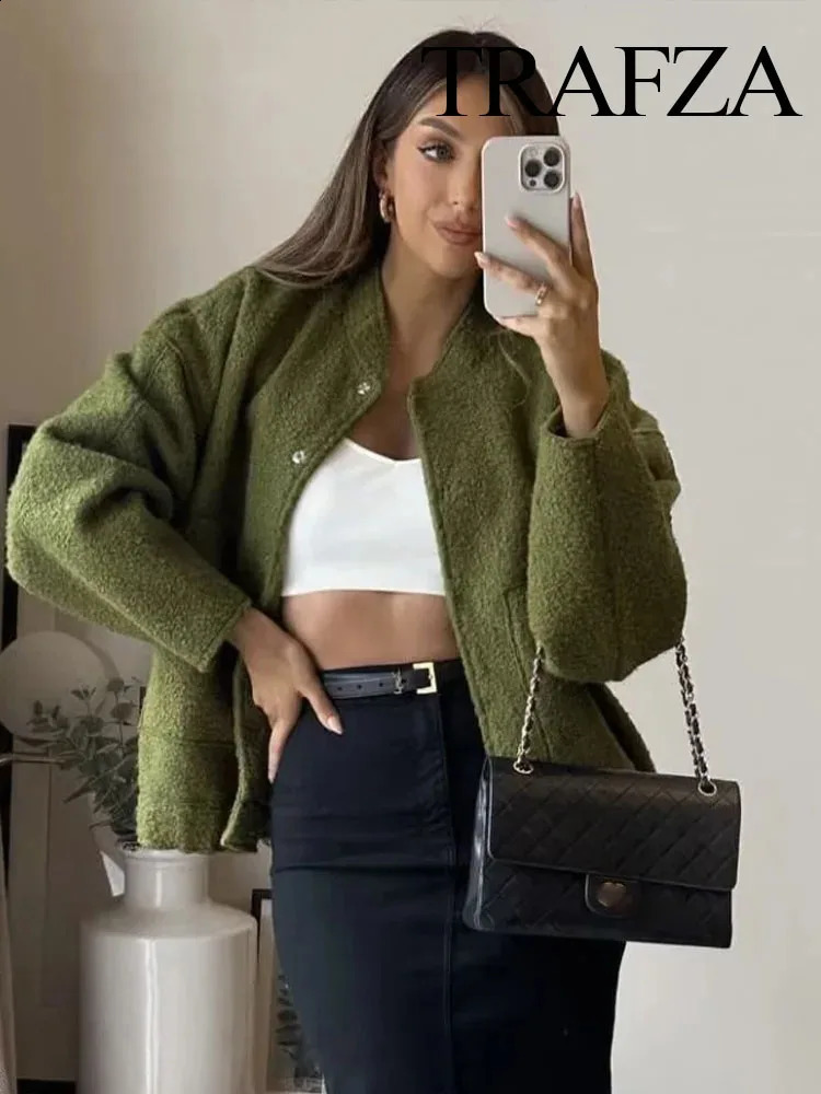 TRAFZA Autumn Winter Women Street Loose Bomber Jackets Woman Solid Lamb Wool Cotton Fur Long Sleeve Coat Fashion Thicken Jacket 240830