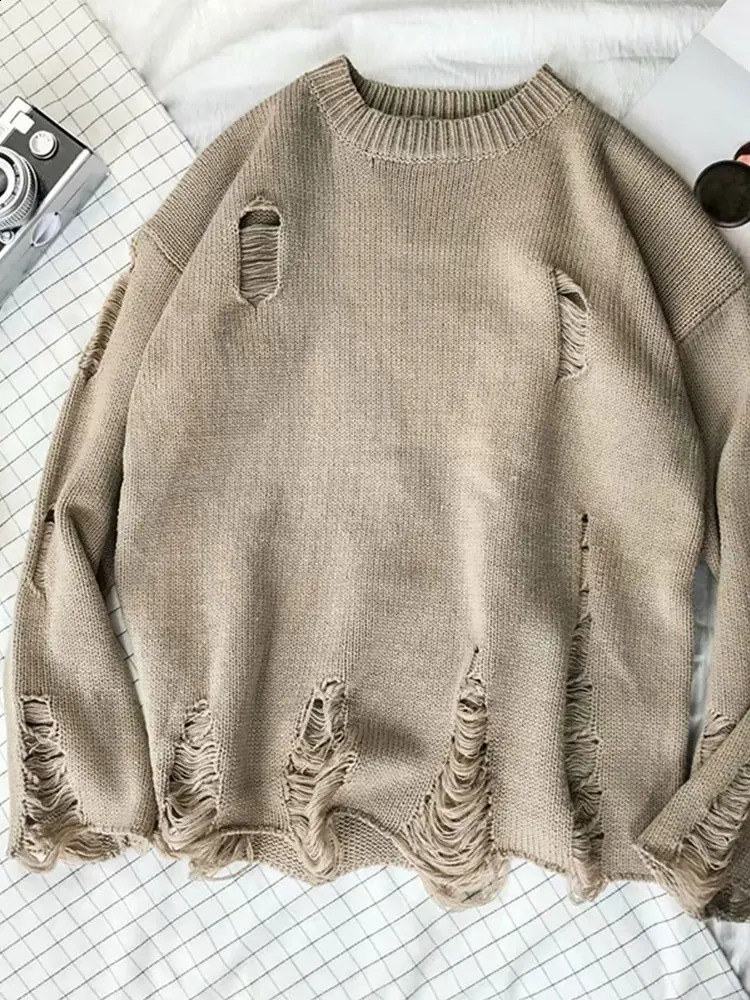Spring and Autumn Mens Knitted Sweater with Large Tear Hole Irregular Fashionable Retro Long Sleeve Round Neck Loose Pulling 240907