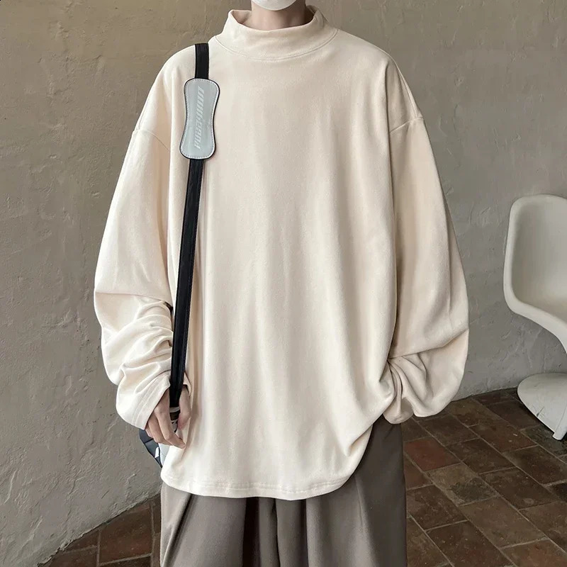 Autumn semi high neck solid color sportswear niche retro bottom shirt fashionable casual long sleeved mens clothing 240909