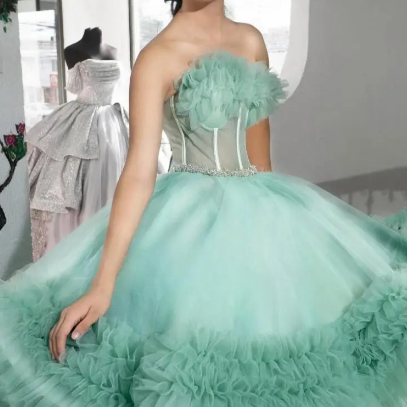 Light Green Quincenara Dresses Off The Shoulder Champagne Tull Tiered Quinceanera XV Sweet 16 Dress Ball Gown Vestidos De 15