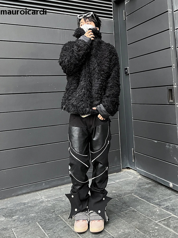 Mauroicardi Spring Autumn Long Black Patchwork Pu Leather Pants Men with Many Zippers Clothing Trousers Fashions 240905