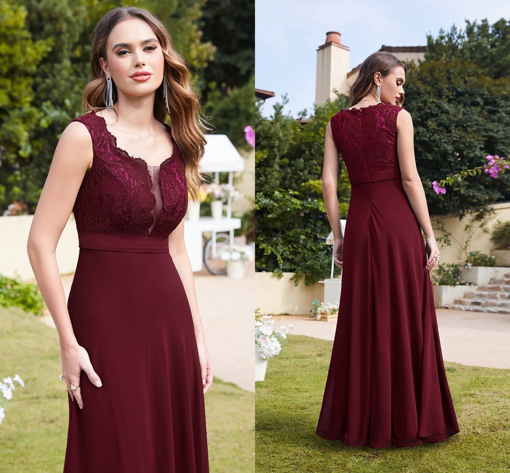 Elegnat Bury Dark Navy Evening Dresses Formal A E Sleeveless Lace Chiffon Women Prom Party Gowns Summer Bride Engagement Dress Cps724