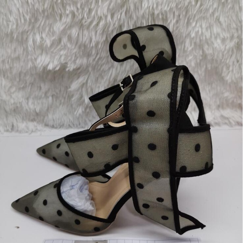 Polka Dot Butterfly High Heel Pumps Clear Mesh Pointed Toe Big Ankle Strap Hollow Thin Heels Women Banquet Shoes
