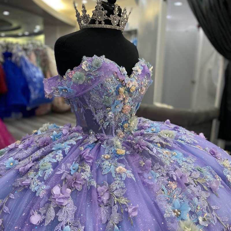 Lavender Princess Quinceanera Dresses Off the Shoulder Ball Gown Sweet 16 Dress Appliques Lace Tull Birthday Party Vestidos 15 De