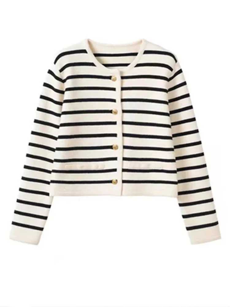 Women Spring Autumn Sweaters O-neck Stripe Knitted Cardigan Fashion Long Sleeve Casual Short Tops Korean Style New 2024X2409